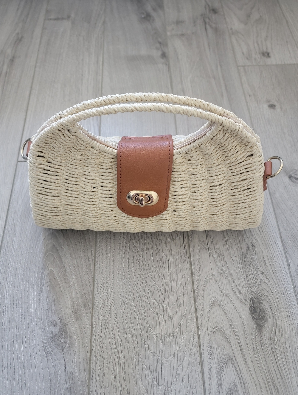 Woven Straw Top-Handle Bag with Tan Leather Accent - Picture 4 of 6